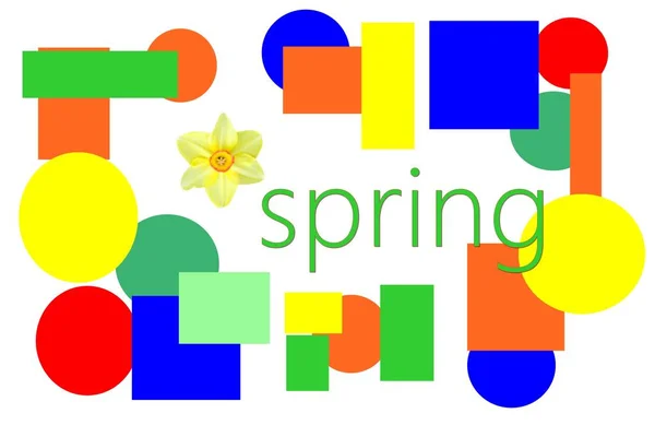 Slovo jaro s barevnými tvary a květina — Stock fotografie