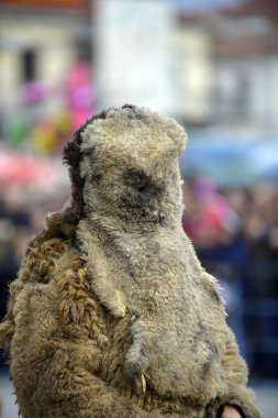 PRILEP, MACEDONIA. FEBRUARY 18 , 2018- A 'Mechkari' performer participates in the carnival Prochka 2018 in the Macedonian town of Prilep. '