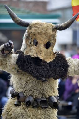 PRILEP, MACEDONIA. FEBRUARY 18 , 2018- A 'Mechkari' performer participates in the carnival Prochka 2018 in the Macedonian town of Prilep. '