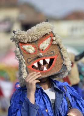 PRILEP, MACEDONIA. FEBRUARY 18 , 2018- performers from villale of Golemo Buchino from Bulgaria participates in the carnival Prochka 2018 in the Macedonian town of Prilep. '