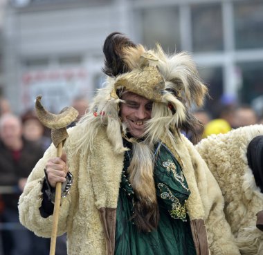PRILEP, MACEDONIA. FEBRUARY 18 , 2018- Performers wearing animal fur and mask participates in the International carnival Prochka 2018 in the Macedonian town of Prilep. '