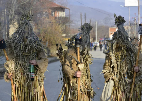 VEVCANI, MACEDONIA - 13 ENERO 2020: Ambiente general con participantes disfrazados en un carnaval anual de Vevcani, en el suroeste de Macedonia , —  Fotos de Stock