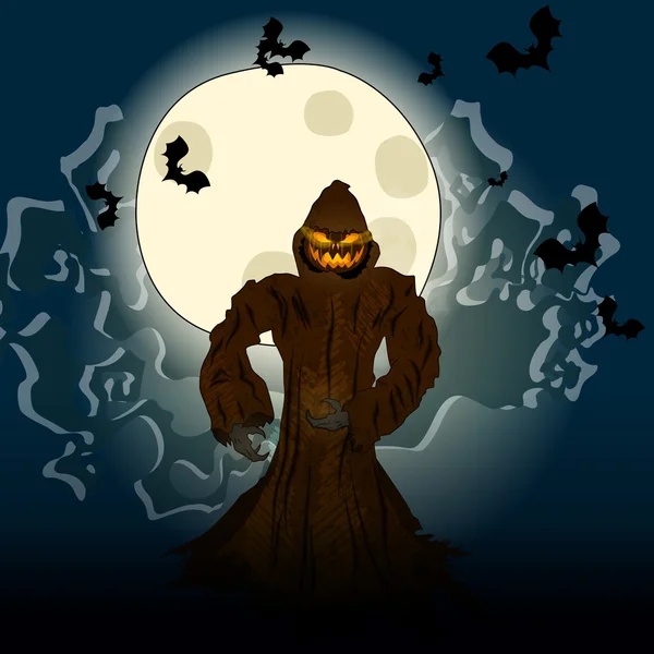 Halloween illustratie met Jack O'Lantern, volle maan en vleermuizen — Stockvector