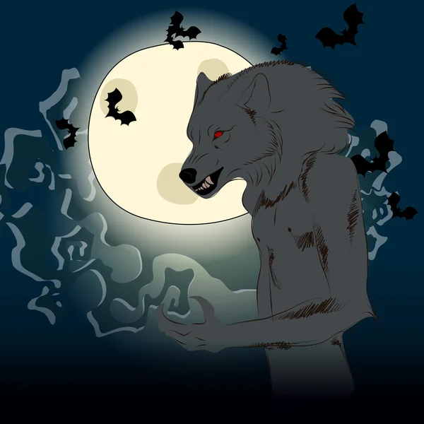 Ilustración de Halloween con hombre lobo y luna llena — Vector de stock