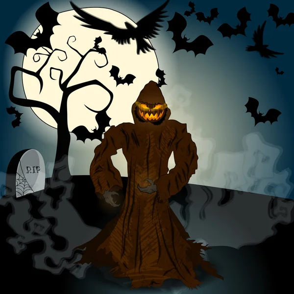 Illustration Halloween avec Jack O'Lantern, pleine lune et chauves-souris — Image vectorielle