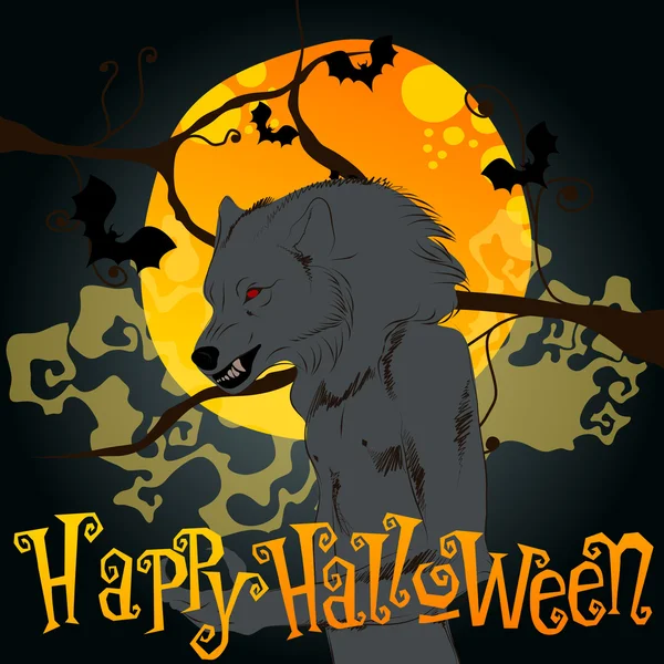 Ilustração de Halloween com lobisomem e lua cheia —  Vetores de Stock