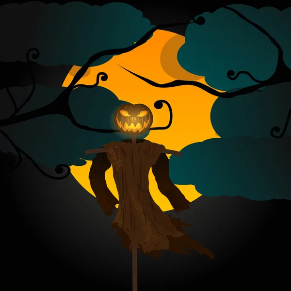 Halloween illustratie met kwaad scarecrow, volle maan en kraaien — Stockvector