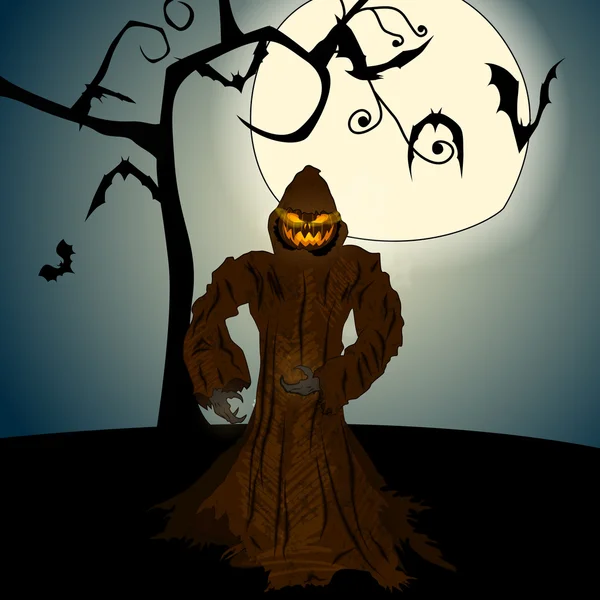 Ilustración de Halloween con Jack O 'Lantern, luna llena y murciélagos — Archivo Imágenes Vectoriales