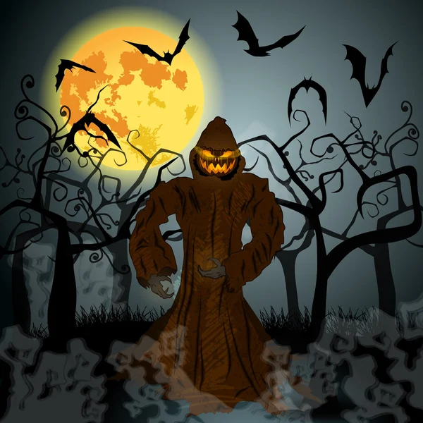 Halloween illustration med Jack O'Lantern, fullmåne och fladdermöss Royaltyfria Stockvektorer