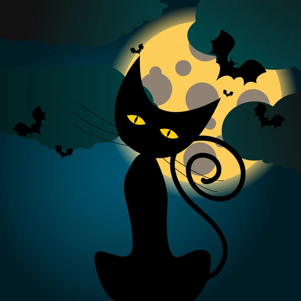 Niedliche Halloween-Illustration mit Vollmond, Fledermäusen und schwarzer Katze Stockvektor
