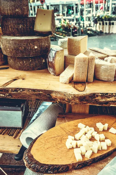 Cheese shop.  Cheese At Farmers Food Market — Stock Photo, Image