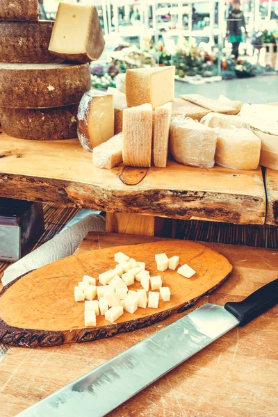 Cheese shop.  Cheese At Farmers Food Market — Stock Photo, Image