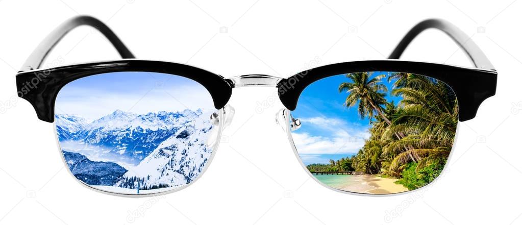 Travel concept.  black glasses on a white background 