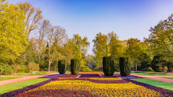 Bonito parque en la ciudad con árboles, flores de primavera y hierba — Foto de Stock