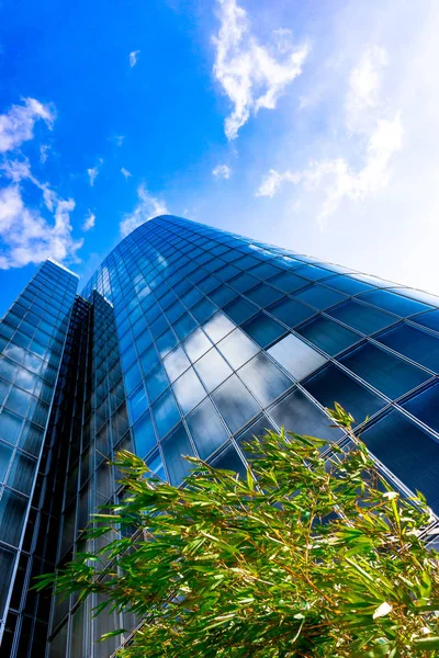 Modré mrakodrap fasáda. kancelářské budovy. moderní skleněné silhouett — Stock fotografie