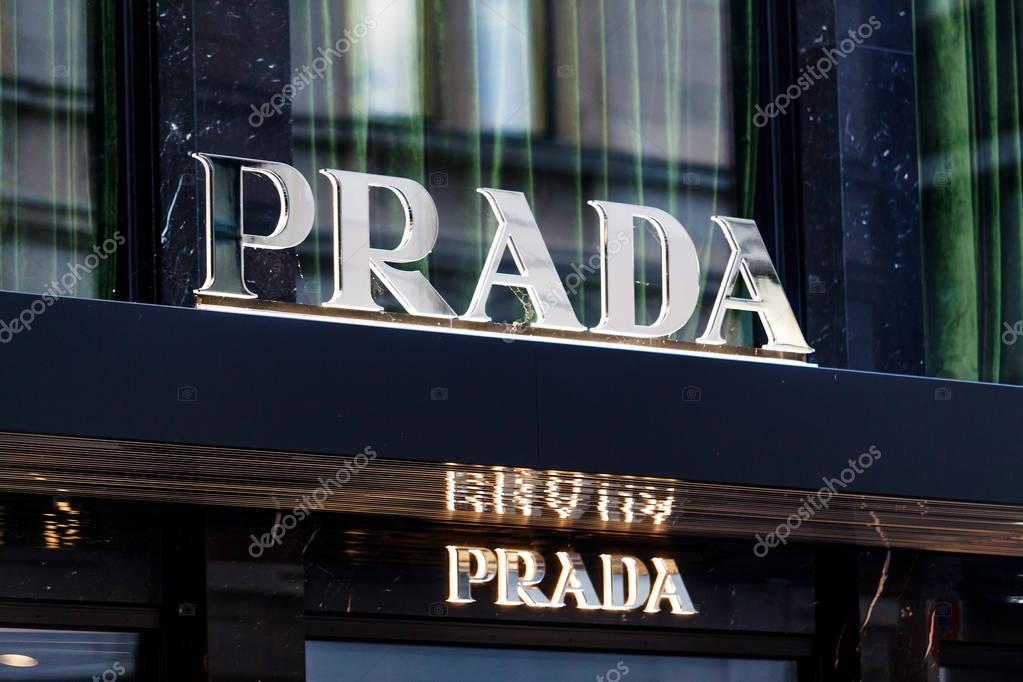 Zurich, Switzerland - 04 November, 2016: Prada logo display  in  Zurich. Prada is a Italy luxury fashion company