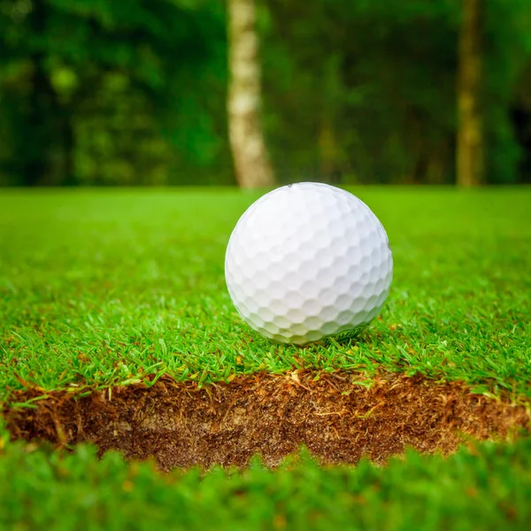 Golf ball on green meadow. golf ball on lip of cup — Stock Photo, Image
