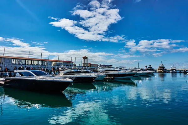 Sailing yachts and private boats at pier in Sochi seaport. yacht — Stock Photo, Image