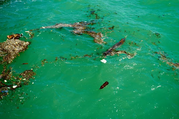 Mar sucio con basura. Contaminación plástica en el océano — Foto de Stock