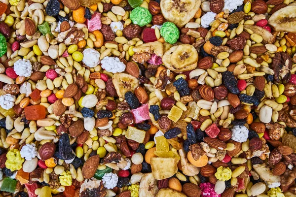 Mix of  nuts and fruits. tropical trail mix. Nuts and candied fr — Stock Photo, Image
