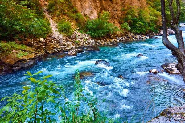 Landschaft mit Bergen, Wald und einem Fluss. Bergnatur la — Stockfoto