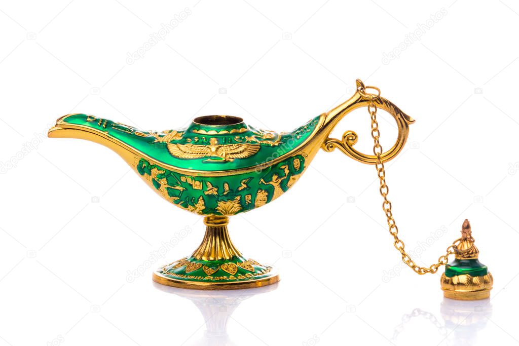 Vintage lamp of Aladdin. Old style oil lamp. Ancient lamp. Genie