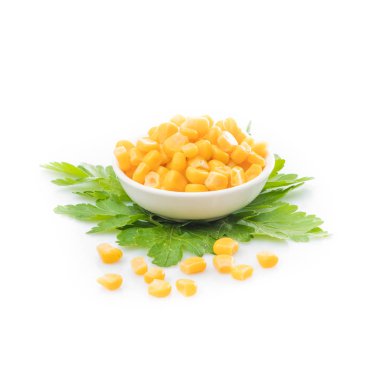 Bir kase konserve mısır. Tatlı Mısır. Mısır üzerinde beyaz backg izole