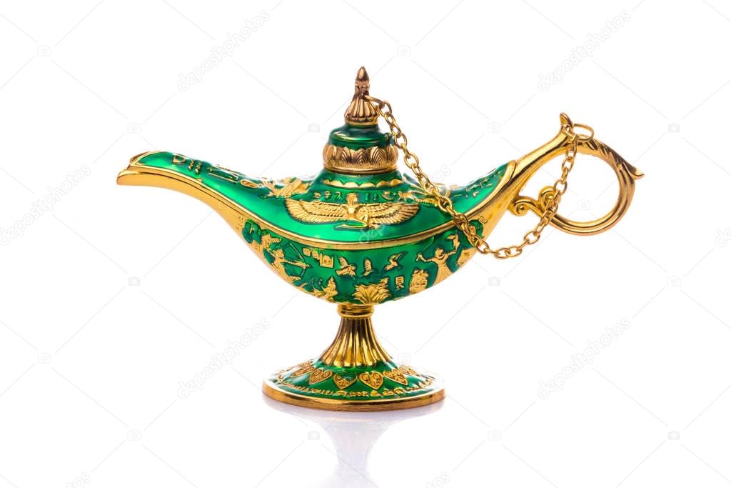 Vintage lamp of Aladdin. Old style oil lamp. Ancient lamp. Genie
