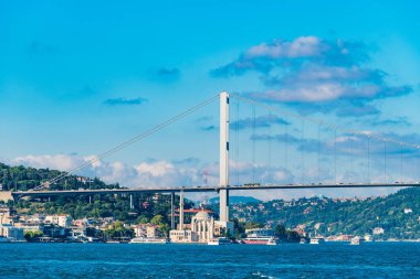 Istanbul boğazı ve köprü görünümü. Boğaziçi köprü bağlayan E