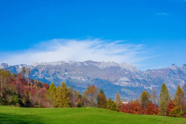 Paisaje en los Alpes con prados verdes frescos. Alpes suizos —  Fotos de Stock