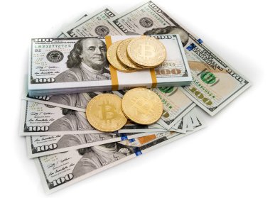 Bitcoin ve banknot dolar üzerinde izole fiziksel sürümü