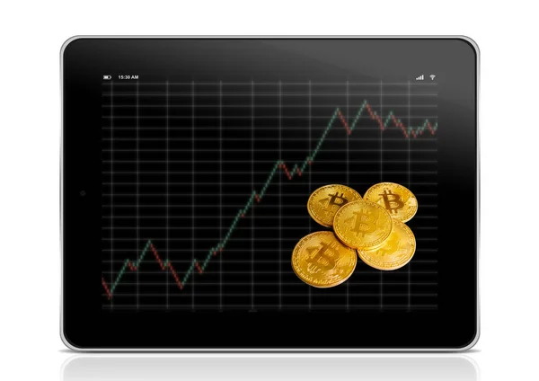 Tablet iş grafik ve altın bitcoins — Stok fotoğraf