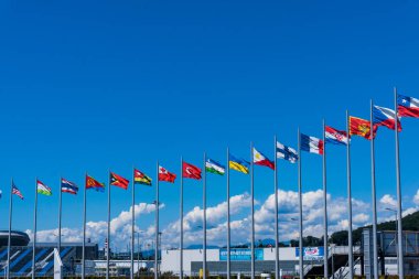 Soçi, Rusya - 16 Mayıs 2016. Olympic Park. Ülke bayrakları