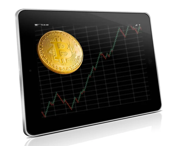 Tableta con gráfico de negocios y bitcoins de oro Fotos de stock libres de derechos