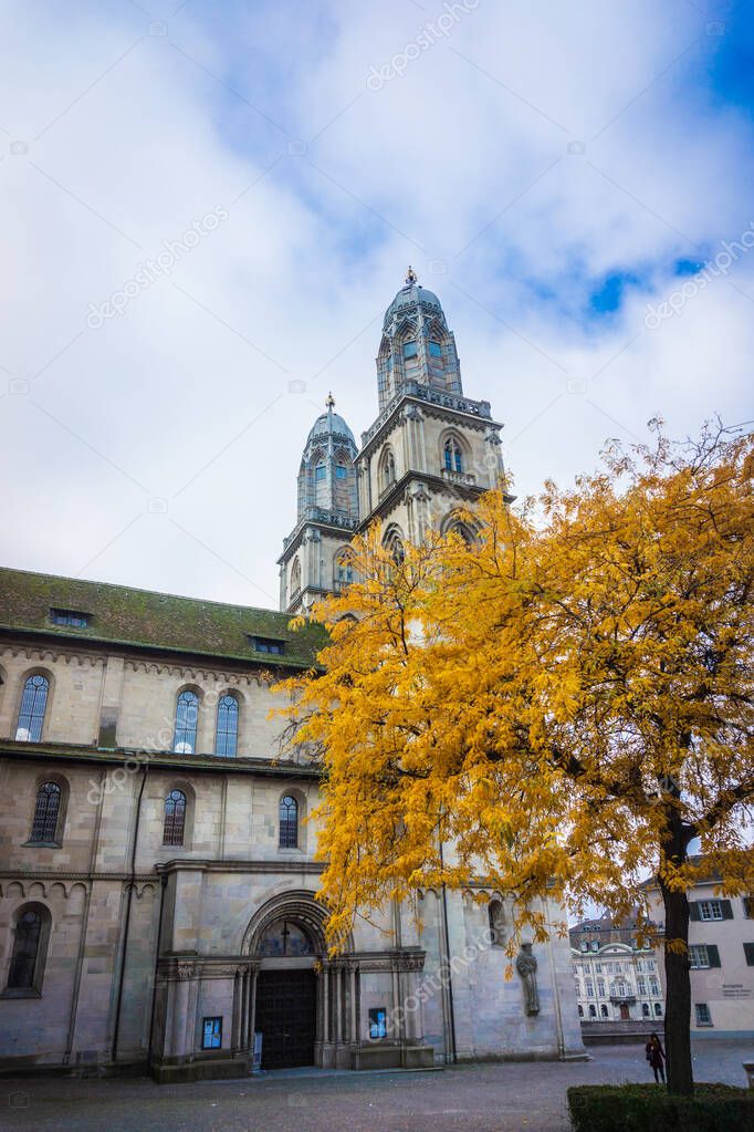 The towers of the Grossmunster in Zurich. Medieval cathedral