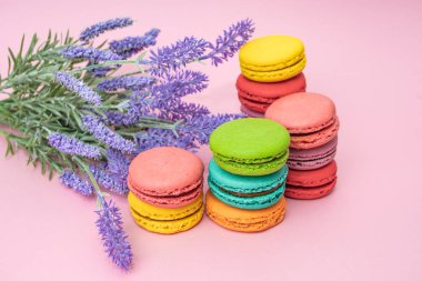 pembe arka planda lezzetli renkli makarnalar