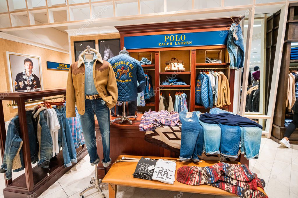 DUSSELDORF, GERMANY - 19 OCTOBER, 2019: Interior shot of Polo Ralph Lauren store in Breuninger luxury shopping mall at Schadowplatz in city center Dusseldorf, German