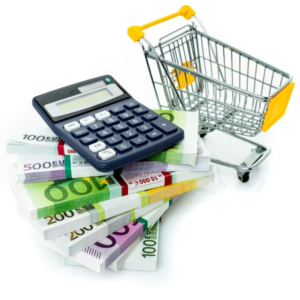 Carrito de compras con euro, calculadora aislada en blanco —  Fotos de Stock