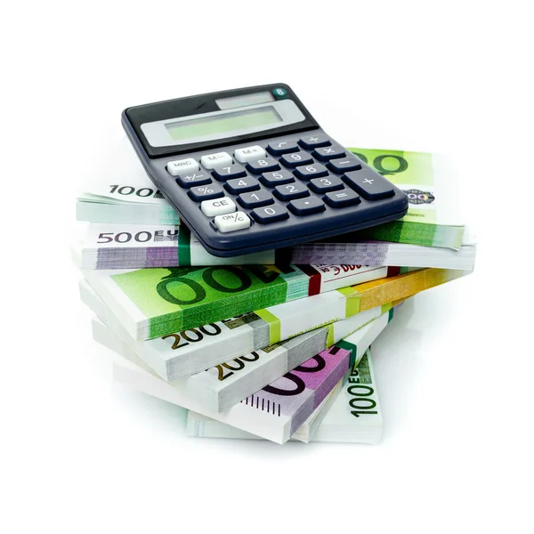 Euro denaro e calcolatrice isolato su bianco — Foto Stock