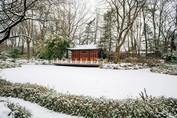 Japanese temple in the winter Park. Beautiful view of the temple in the Park. — Stock Photo, Image