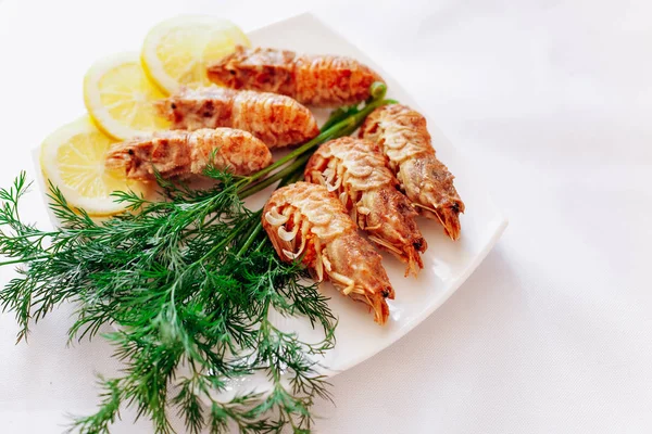 Shrimp on a plate with lemon and dill. White background — Stock Photo, Image