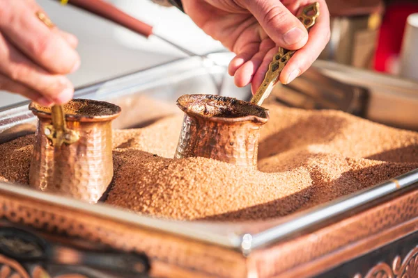 Preparation Turkish Coffee Cezve Sand — Stock Photo, Image