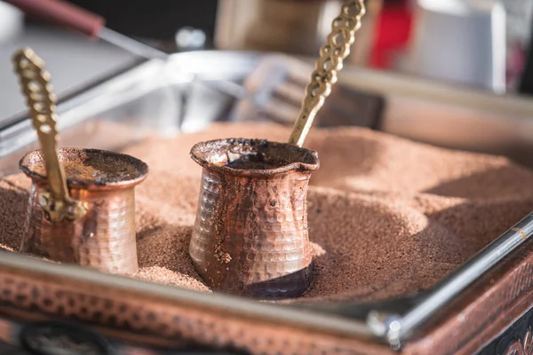 Preparation Turkish Coffee Cezve Sand — Stock Photo, Image