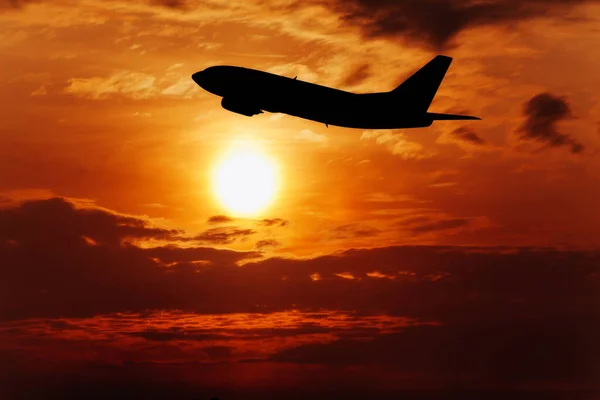 Airplane Fly Sunset Sky Airplane Sky Sunrise — Stock Photo, Image