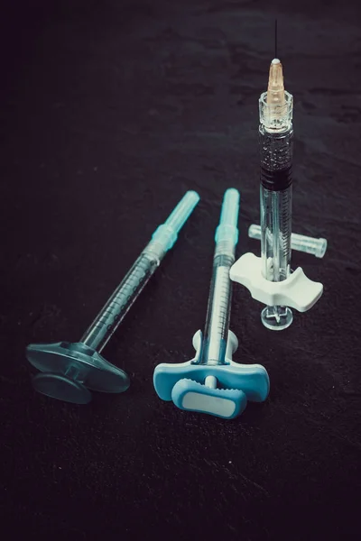 Medical Injection Syringes Solution Black Background — Stock Photo, Image