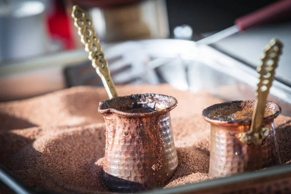 Preparation Turkish Coffee Cezve Sand — Stock Photo, Image