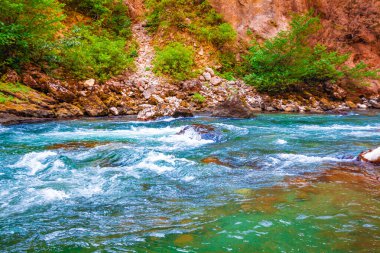 Dağ nehri manzarası. Dağlardaki nehir vadisi