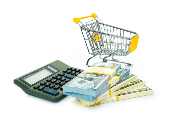 Koszyk Dolary Kalkulator Konsept Zakupów — Zdjęcie stockowe