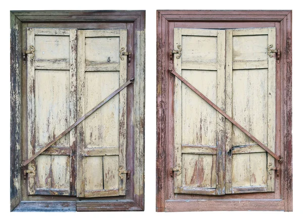 Two old windows in the destroyed rural house with the wooden sun — Stock Photo, Image