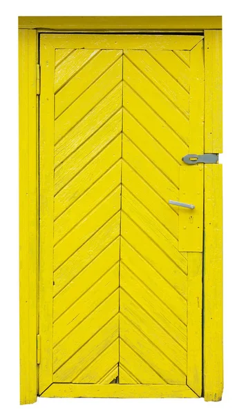 Puerta amarilla de madera vieja en un cobertizo de ladrillo rústico . —  Fotos de Stock